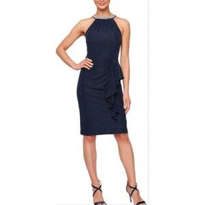 Woman's Alex Evenings Short‎ Metallic Knit Dress with Beaded Neckline Dark 16